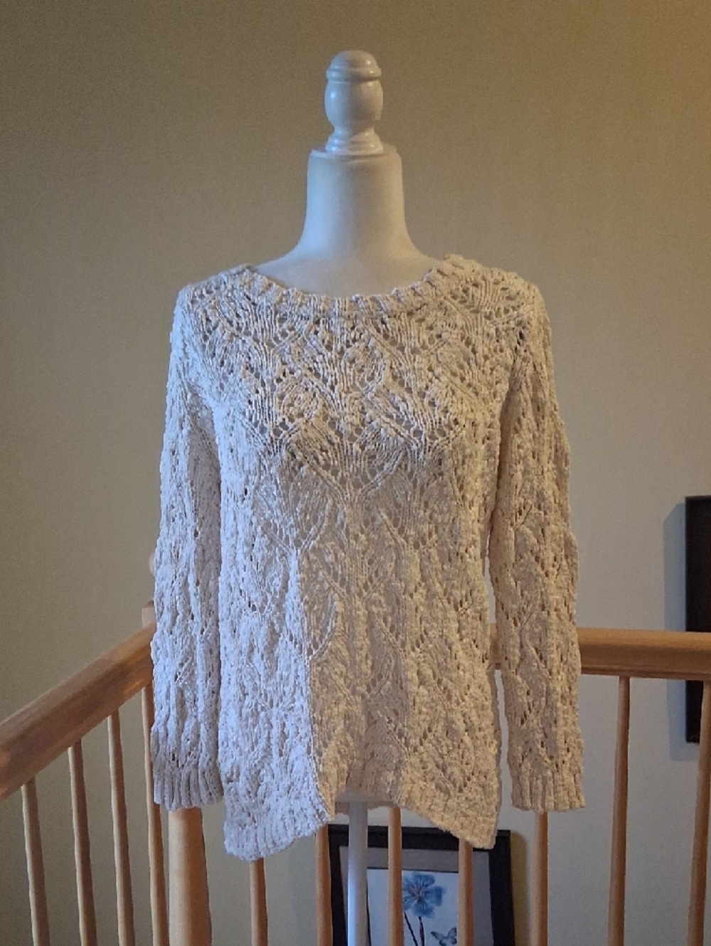 Women's Cream Open-Knit High-Low Ribbed Hem Cottin Blend Sweater